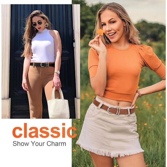2 Pack Womens Leather Belts Faux Leather Gold Buckle for Jeans Dresses main image 5